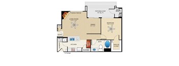 A floor plan of a house with a living room, dining room, kitchen, pantry, bathroom, and bedroom.