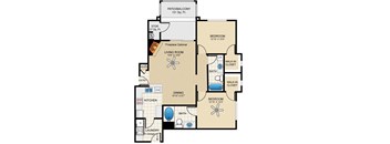 A floor plan of a home with a living room, dining room, kitchen, and two bedrooms.