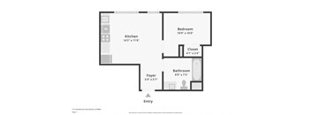 A floor plan of a one bedroom apartment with a kitchen, bathroom and foyer.