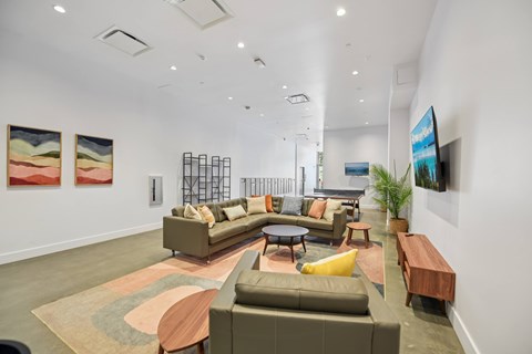 A living room with a brown sofa and a rug.