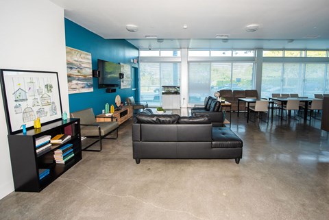 A living room with a grey couch and a bookshelf.