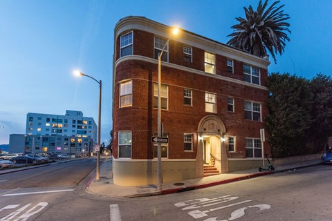 A building with a palm tree in front of it.