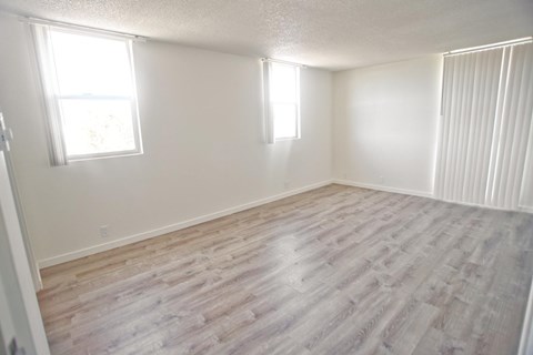 A room with light vinyl flooring and two windows.