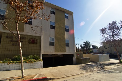 A tall building with a tree in front of it.