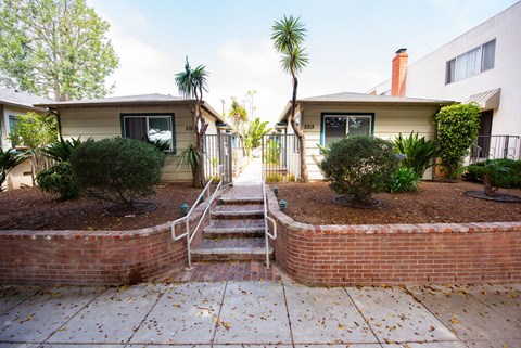 A residential area with two houses, a tree, and a small garden.