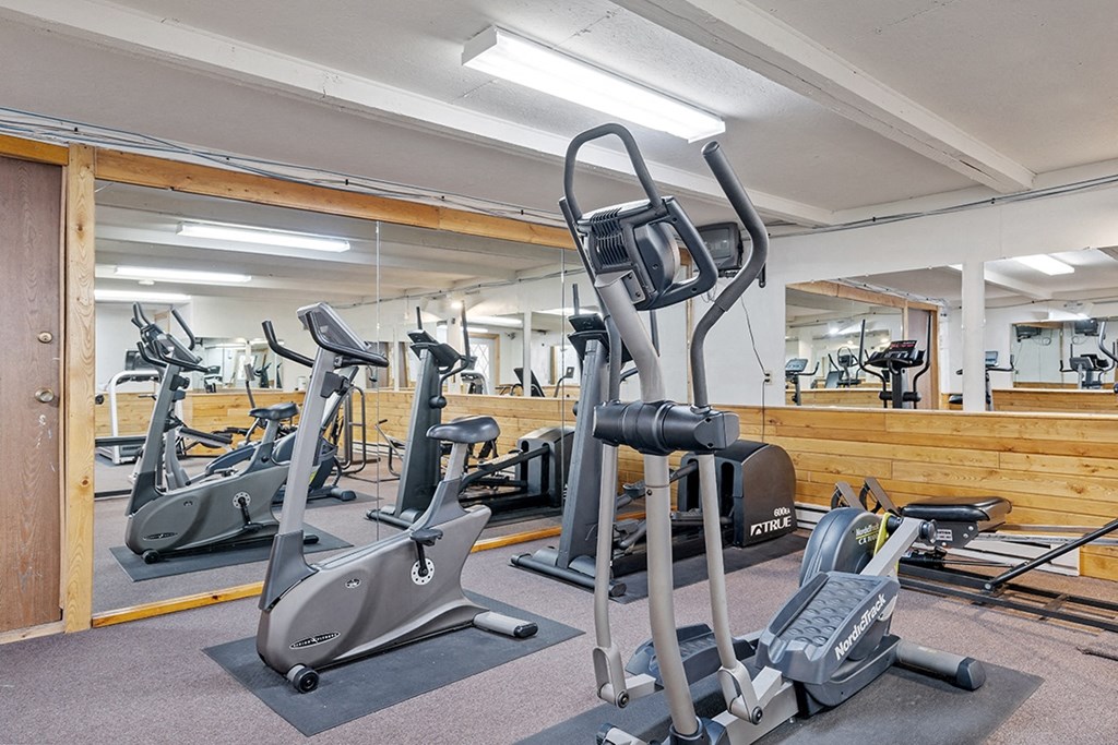 a gym with various exercise bikes and weights in it