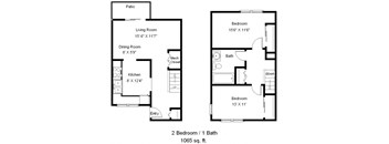 a floor plan of a house with two bedrooms and a living room