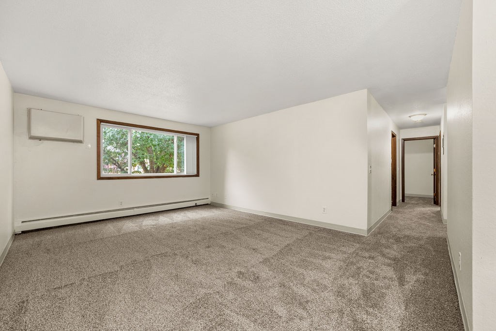 A room with a carpeted floor and a window.