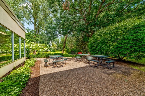 A gravel patio with picnic tables is surrounded by greenery.