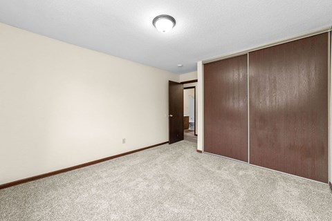 A room with a carpeted floor and a brown wardrobe.