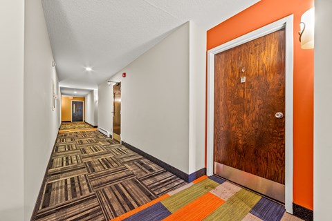 A hallway with a wooden door and a carpet with different colored squares.