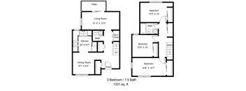 a floor plan of a house with two bedrooms and a living room