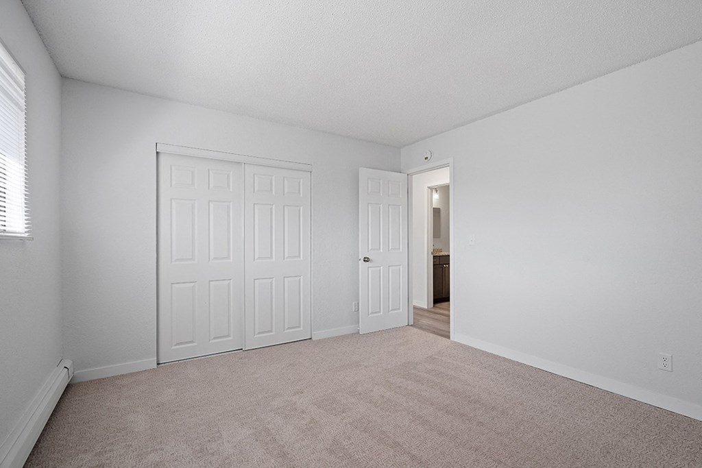 a bedroom with two closets and a door to a bathroom