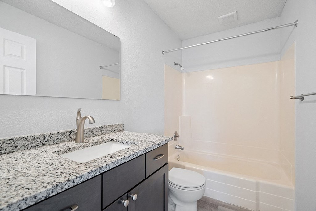 the preserve at ballantyne commons bathroom with granite counter top and tub and shower