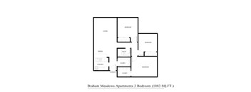 A floor plan of a 3 bedroom apartment with a living room, dining room, kitchen, and bathroom.