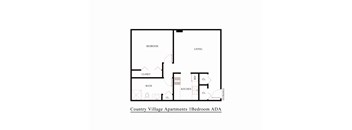 A floor plan of a 1 bedroom apartment in Country Village.