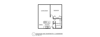 a floor plan of a studio apartment with a bedroom and a living room