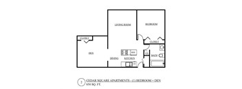 a floor plan of a studio apartment with a bedroom and a living room