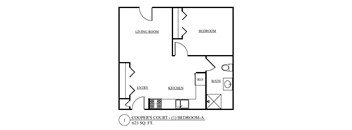 a floor plan of a studio apartment with a bedroom and a living room