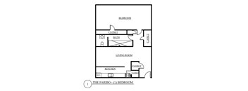 a floor plan of a studio apartment with a bedroom and a living room