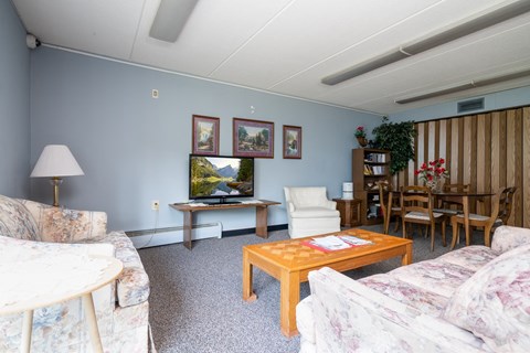 A living room with a couch, chair, and television.
