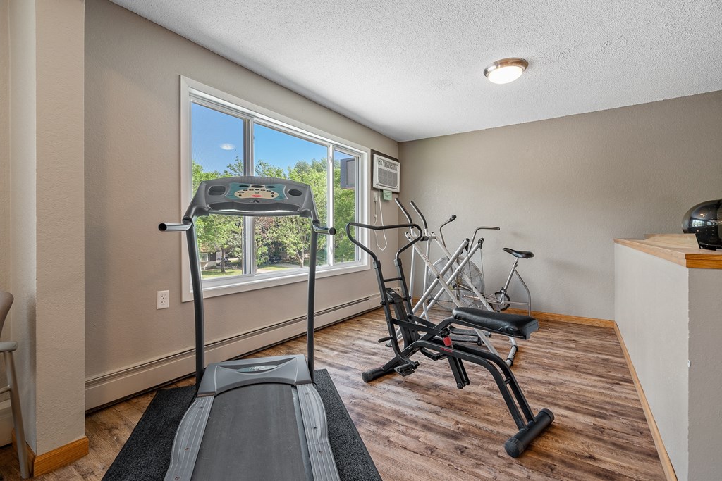 the gym has plenty of exercise equipment and a window