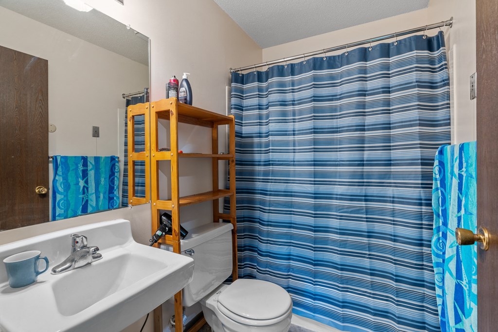 a bathroom with a blue shower curtain and a toilet and sink
