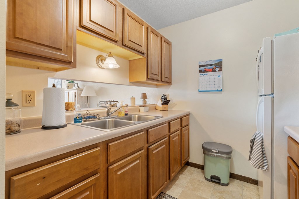 a kitchen with a sink and refrigerator and wooden cabinets