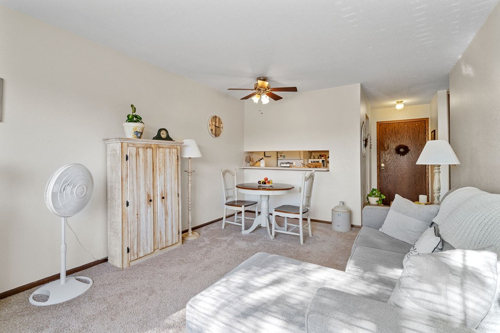 a living room with a couch and a table and a ceiling fan