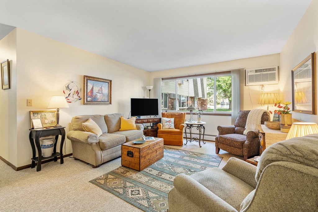 a living room with couches and chairs and a television
