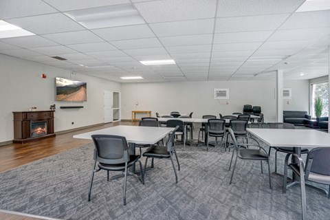 a dining room with tables and chairs and a fire place