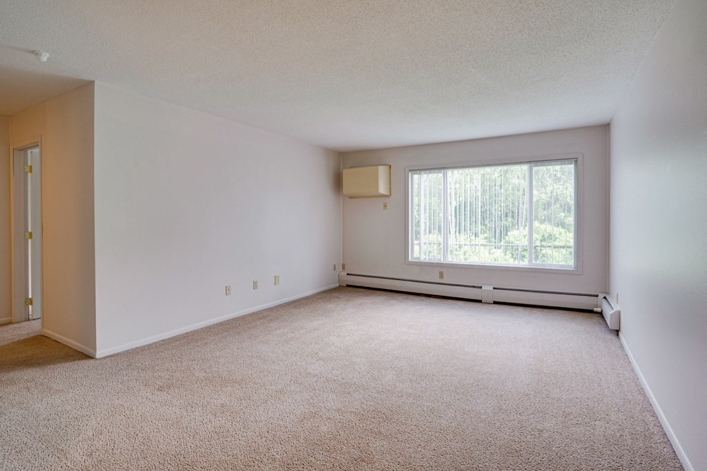 the living room of an apartment with carpet and a large window