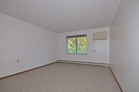 A room with a window and a carpeted floor.