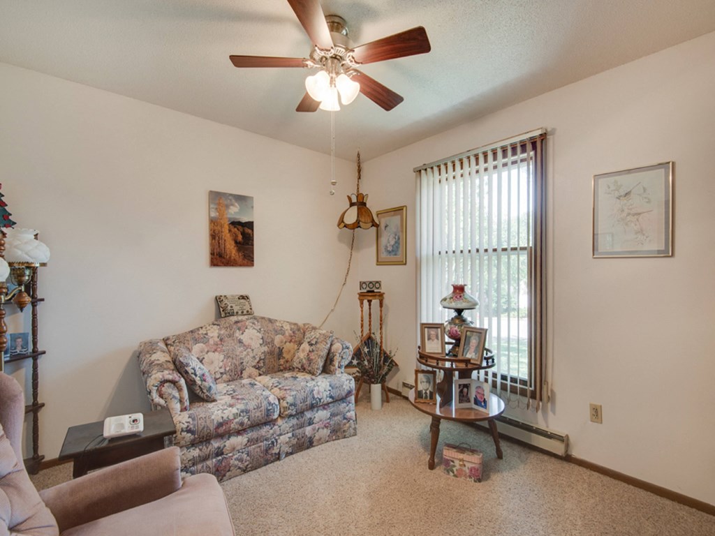 a living room with a couch and a ceiling fan