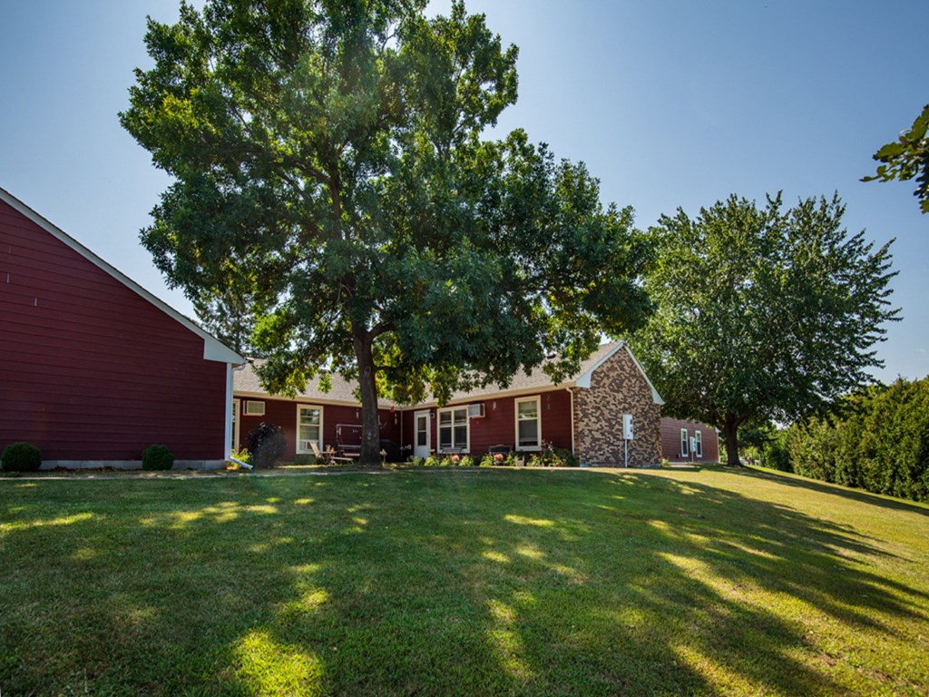 a large lawn in front of a red house with a tree