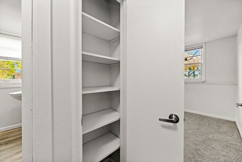 A white closet with shelves and a door.