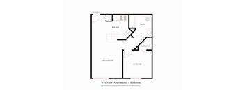 A black and white diagram of a one bedroom apartment.