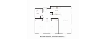 A floor plan of a 2 bedroom apartment with a living and dining room.