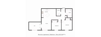 A floor plan of a 2 bedroom apartment with den.