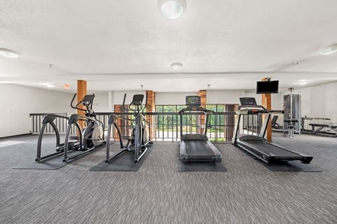 A gym with treadmills, elliptical machines, and other exercise equipment.