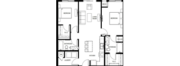 A black and white floor plan of an apartment with two bedrooms, a living room, a kitchen, a bathroom, a laundry room, and a washroom.