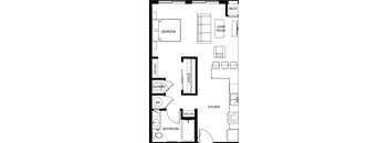 A floor plan of a small apartment with a bedroom, living room, kitchen, bathroom, and laundry area.