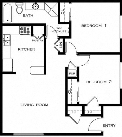 2 Bed 1 Bath (Small) Floor Plan at Orange Tree Apartments, California, 92843