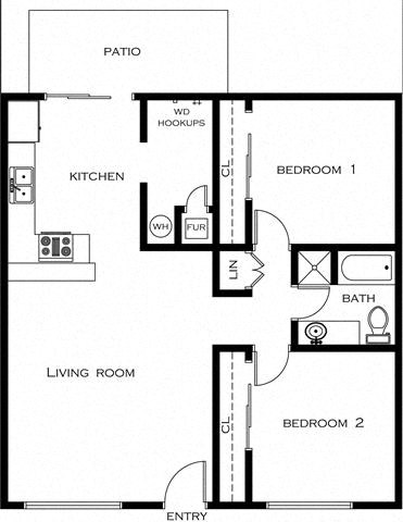 2 Bed 1 Bath (Large) Floor Plan at Orange Tree Apartments, Garden Grove, CA