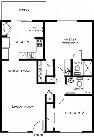 2 Bed 2 Bath Floor Plan at Orange Tree Apartments, California