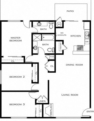 3 Bed 2 Bath Floor Plan at Orange Tree Apartments, Garden Grove, 92843
