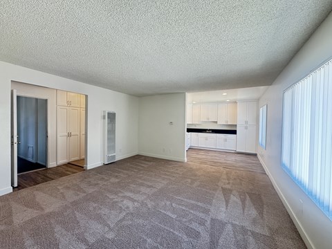 A spacious living room with a patterned carpet and a kitchen in the background.