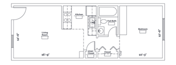 A floor plan of a small apartment with a living room, bedroom, kitchen, and bathroom.