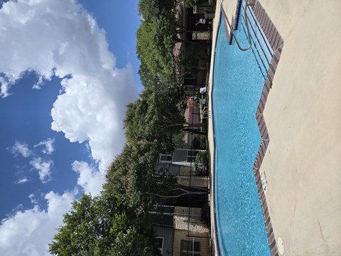 A swimming pool surrounded by trees and a cloudy sky.