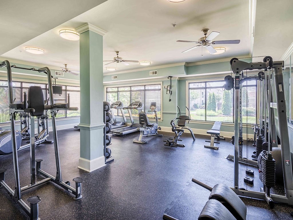 a gym with weights and other exercise equipment and windows